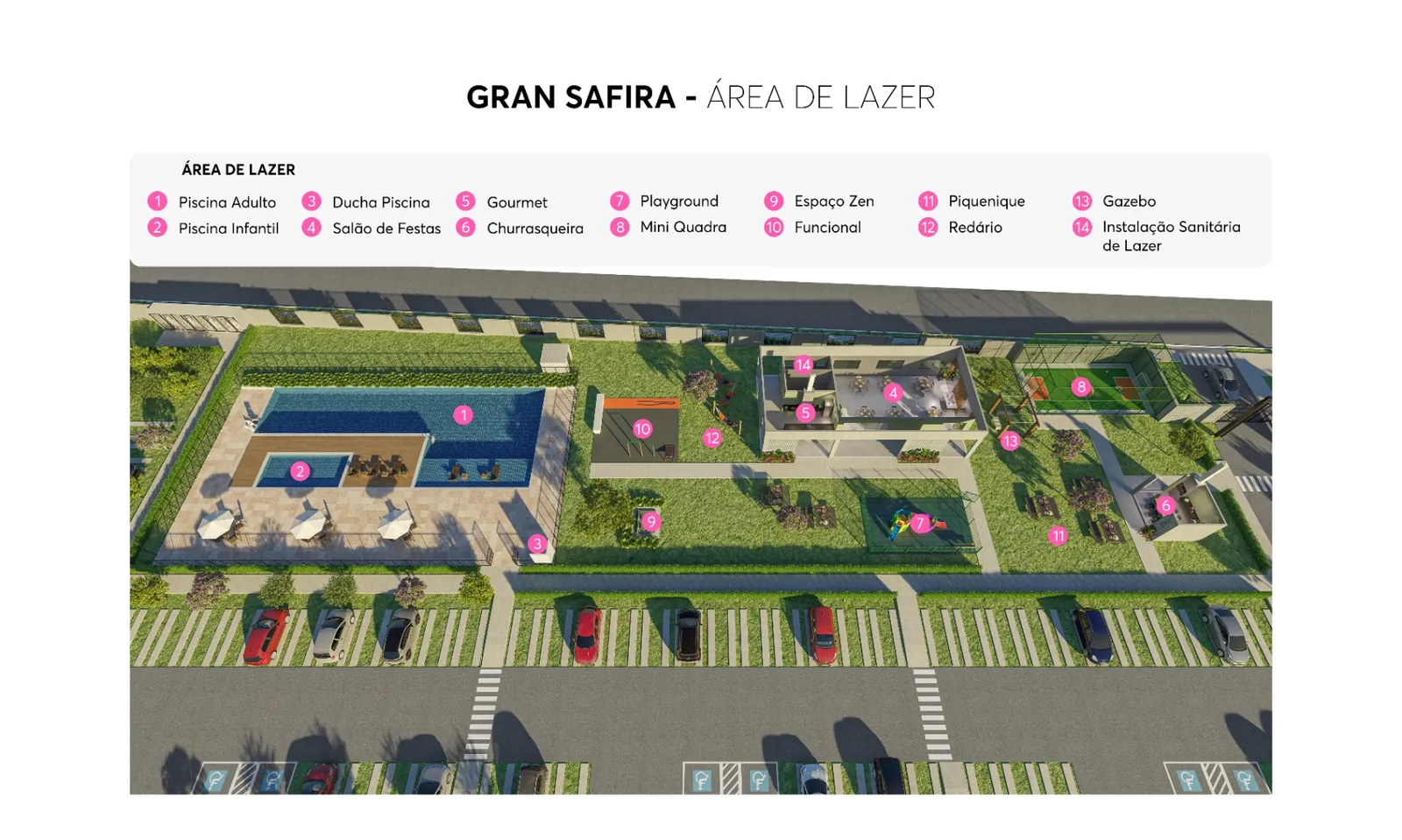 Mapa da área de lazer completa do Gran Safira em Goiânia